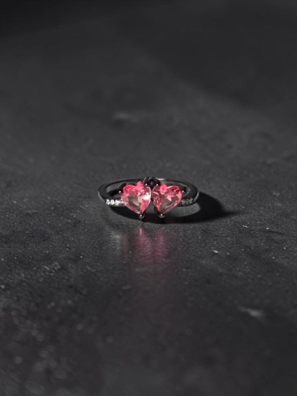 Double Heart Pink Cubic Zirconia "Toi et Moi" Ring - Black Band - Size 7